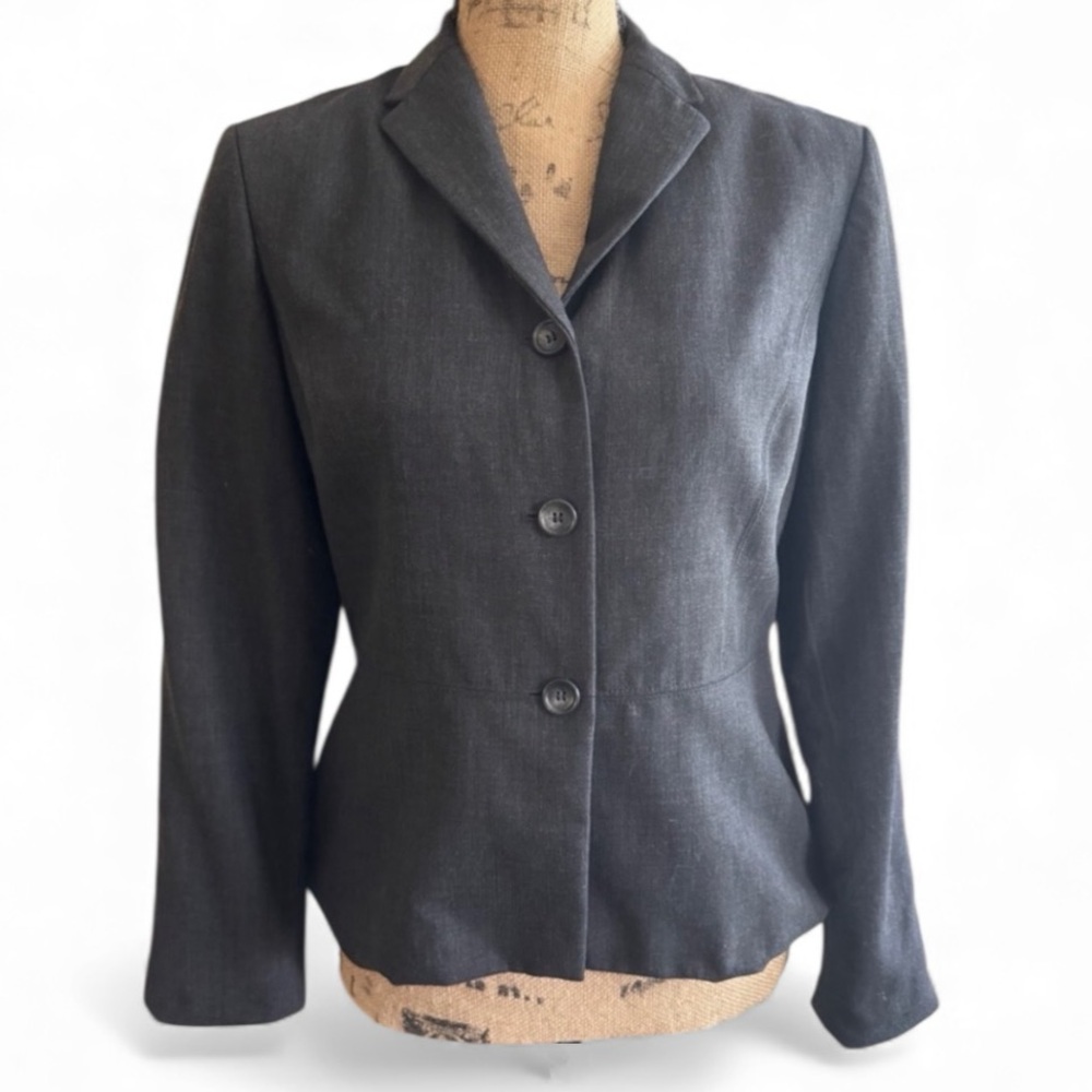 Ann Taylor Blazer Jacket 3 Button Lightweight Wool Dark Grey Women's Size 8p GUC